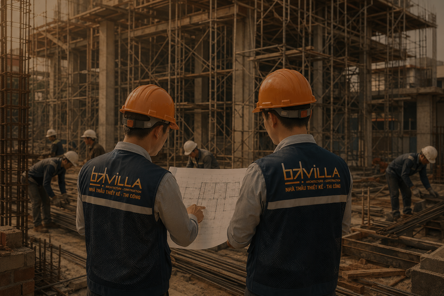 Kỹ sư BK Villa cầm bản vẽ hướng dẫn thợ tại hiện trường